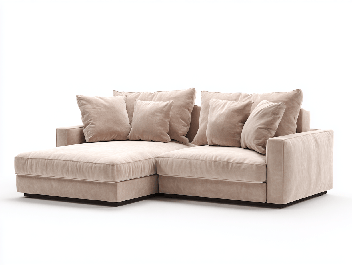 Divano angolare tessuto 255×165 cm – beige – con chaise longue e cuscini