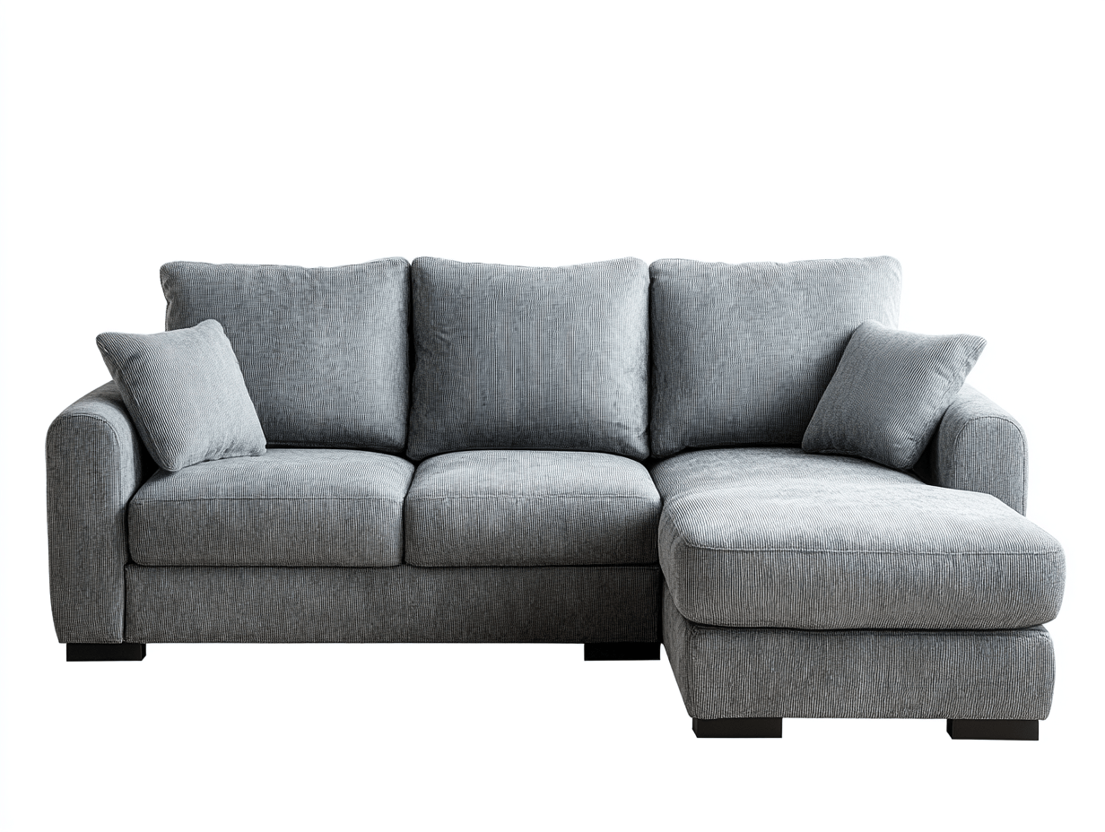 Divano angolare in tessuto 275×180×90 cm – grigio – con chaise longue e cuscini