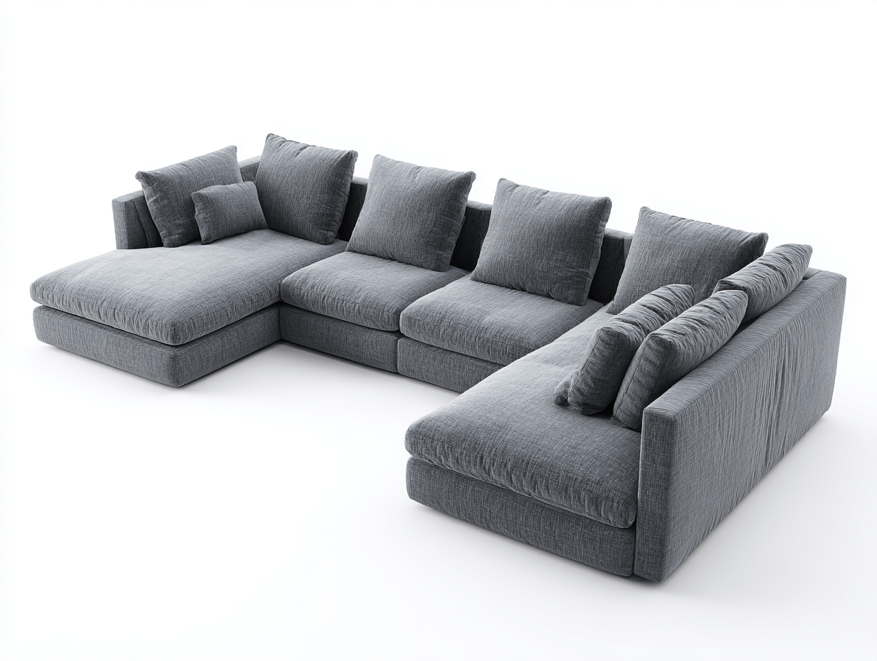 Divano angolare modulare in tessuto 320×210×95 cm – grigio – con chaise longue e cuscini