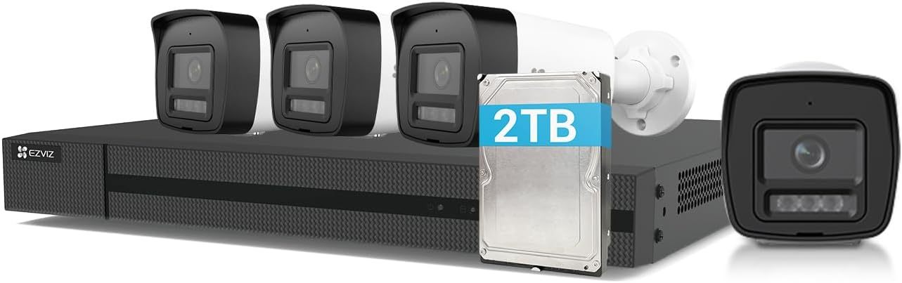 EZVIZ 4K PoE Kit Telecamera da Esterno, 4K NVR 4CH 16TB 4x 8MP Telecamera, Rilevamento di Uomo Veicolo, Visione Notturna a Colori, Impermeabile IP67, Registrazione 24 7-Comfyia