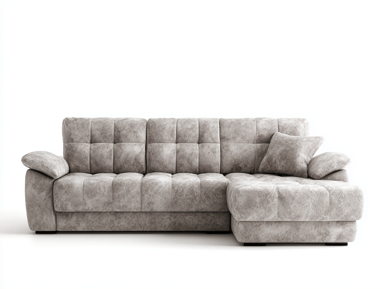 Divano angolare in tessuto 276×181×92 cm – grigio chiaro – con chaise longue e cuscini