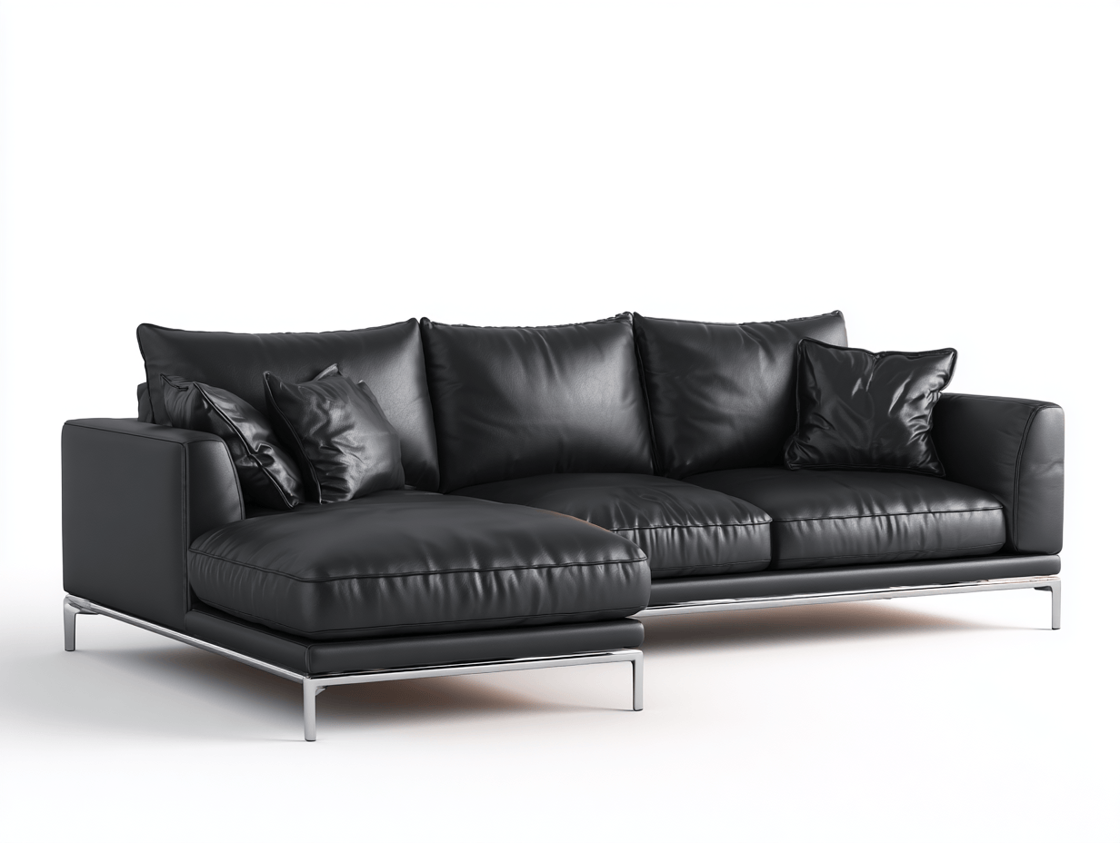 Divano angolare pelle 285×180 cm – nero – con chaise longue e struttura cromata
