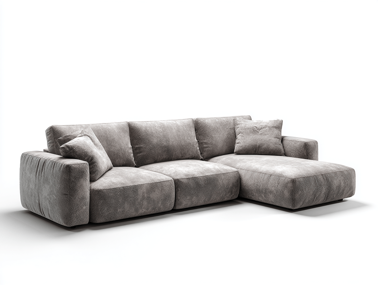 Divano angolare in tessuto 285×185×92 cm – grigio – con chaise longue e cuscini