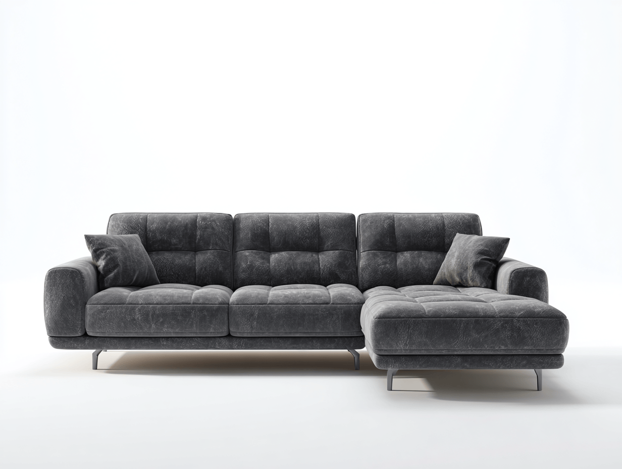 Divano angolare in tessuto 280×185×90 cm – grigio scuro – con chaise longue e cuscini