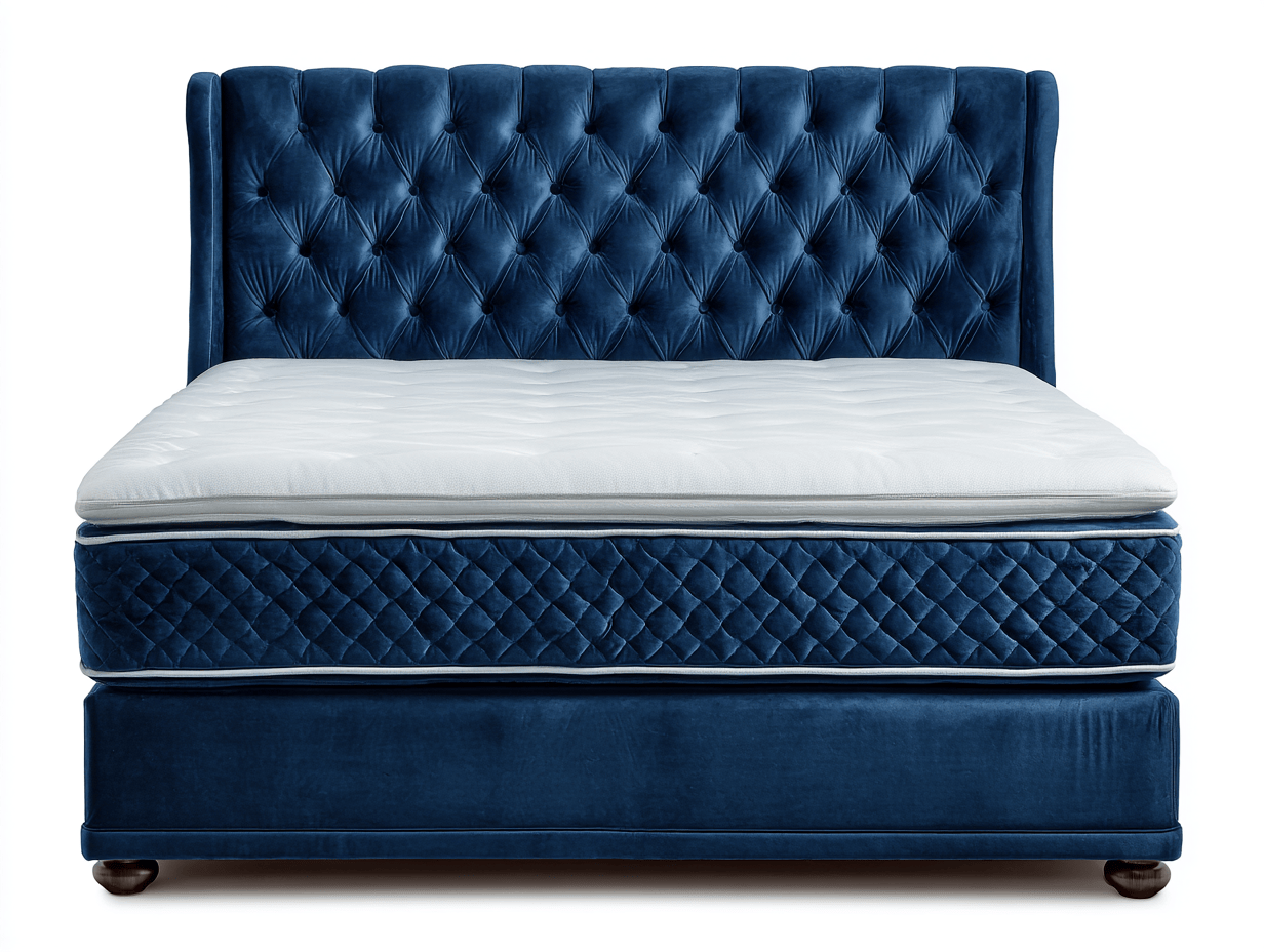 Letto boxspring imbottito 160×200 cm – velluto blu scuro – con materasso incluso e testiera capitonné-Comfyia