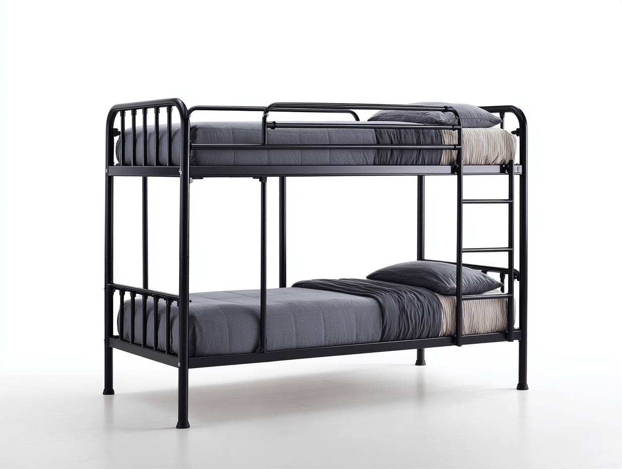 Letto a castello – metallo nero – 90×200 cm – con scala laterale e materassi