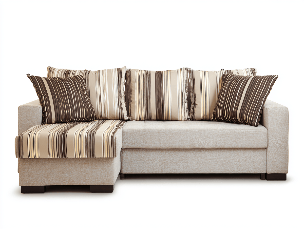 Divano angolare tessuto 280×175 cm – beige a righe – con chaise longue e cuscini stampati