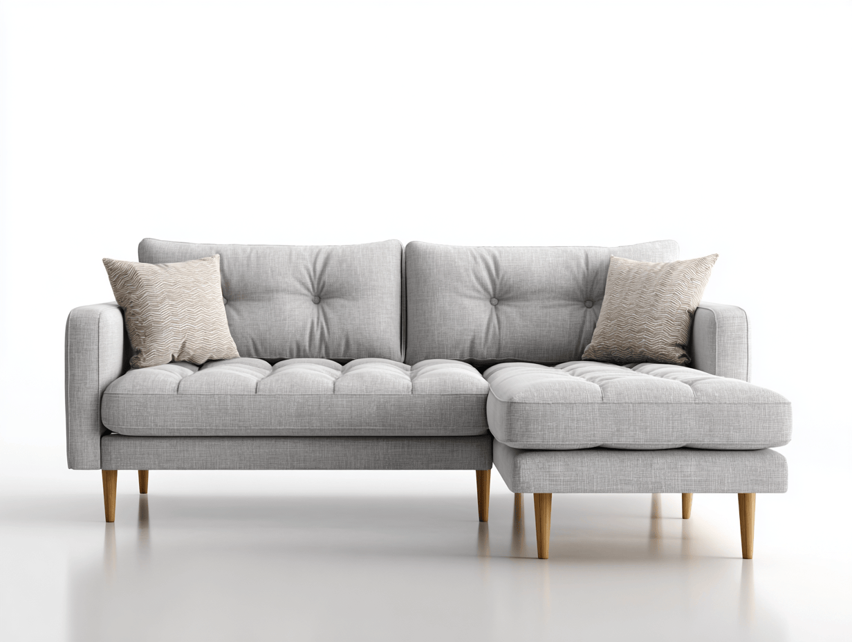 Divano angolare tessuto 280×175 cm – grigio chiaro – con chaise longue e seduta trapuntata