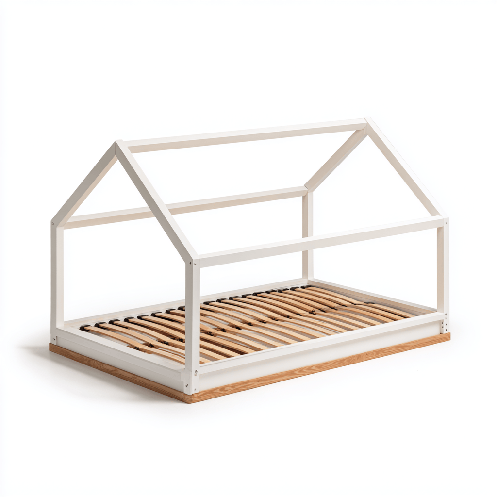 Letto a casetta in legno 160×80 cm – bianco/legno chiaro – con base rinforzata e struttura aperta
