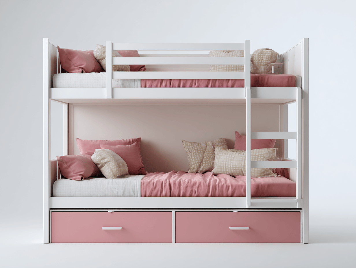 Letto a castello – bianco e rosa 205×105×165 cm – con cassetti contenitori e cuscini