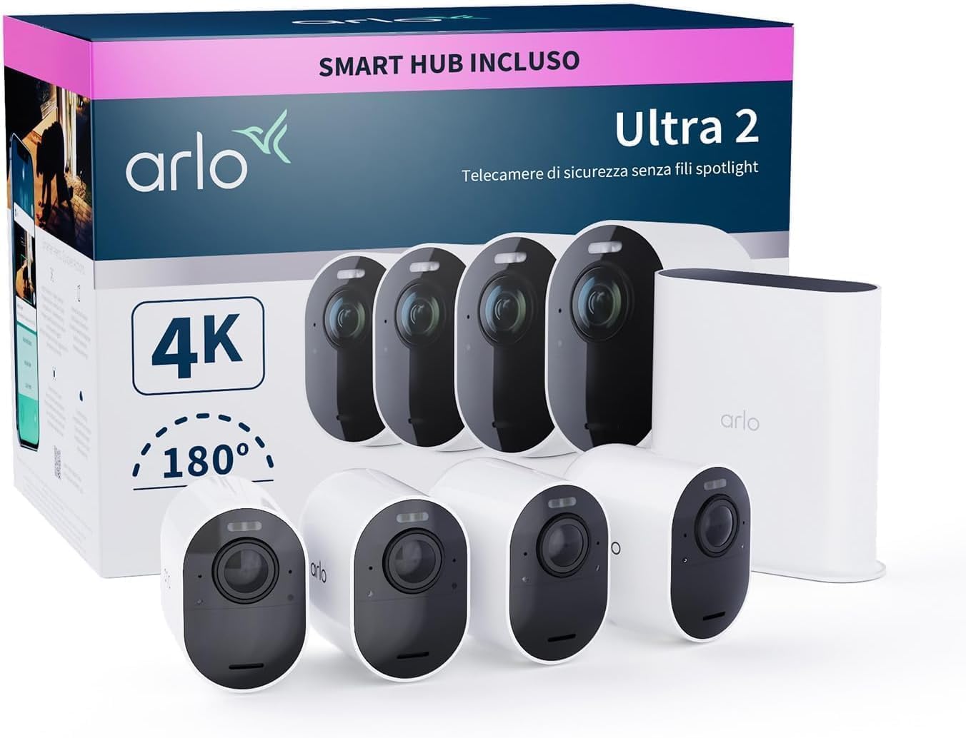 Arlo Ultra 2 Telecamera WiFi Esterno Senza Fili, Telecamera WiFi Interno, 4K UHD, Sirena Allarme Casa, Sensore Di Movimento, Audio Bidirezionale, Prova Arlo Secure Inclusa, 4 Telecamere, Bianche-Comfyia
