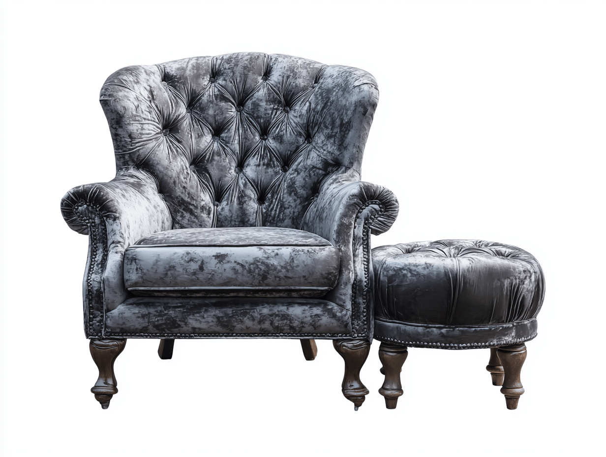 Poltrona in velluto con pouf – 101×96×112 cm – grigio – stile vintage capitonné con gambe intagliate