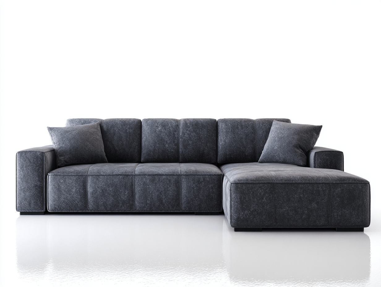 Divano angolare in tessuto 280×183×90 cm – grigio scuro – con chaise longue e cuscini