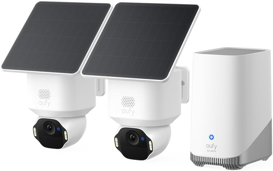 eufy Security SoloCam E42 HomeBase S380 kit di 2 telecamere, telecamera wireless 4K esterna, energia FV, rilevamento moto AI, strobo, pan e inclinazione, riconoscimento facciale, spazio fino a 16 TB-Comfyia