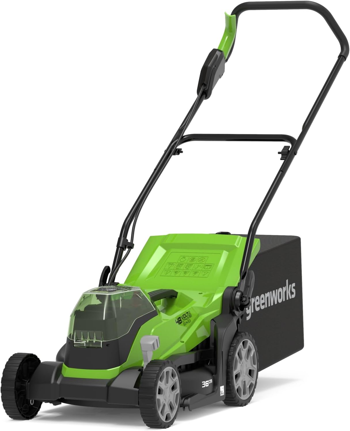 Greenworks 48V 24V x 2 Tosaerba a Batteria Li-Ion , Larghezza Taglio 36cm fino a 250m2, Cesto Raccoglierba 40L, Regolazione Centrale, Altezza Taglio 5 Livelli, Senza Batteria e Caricatore,G24X2LM36-Comfyia
