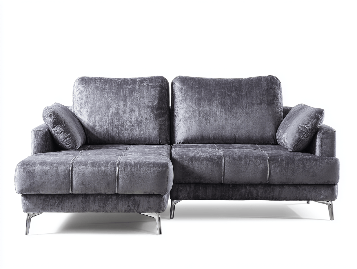 Divano angolare in velluto 265×178×90 cm – grigio argento – con chaise longue e cuscini