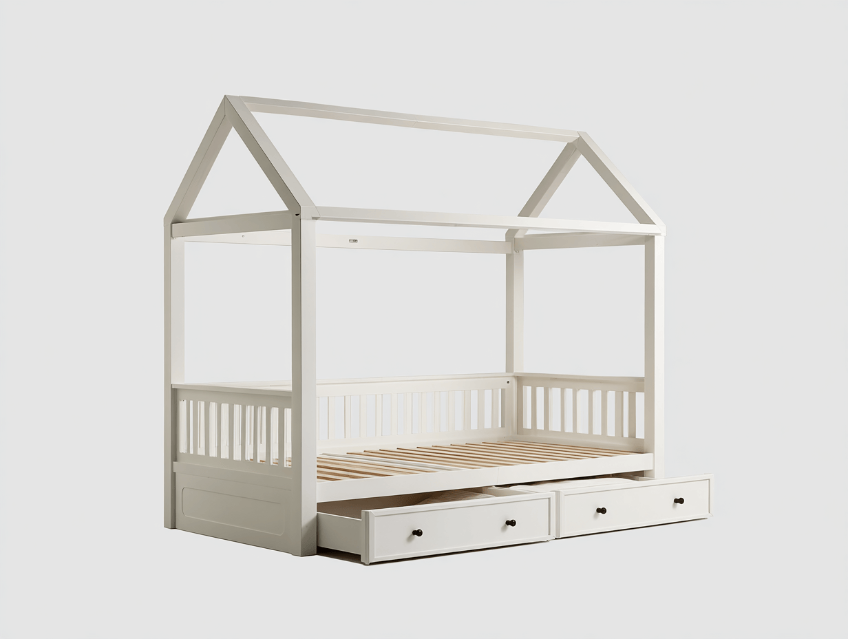 Letto a casetta con cassetti in legno massiccio 90×200 cm – bianco – con sponde a doghe