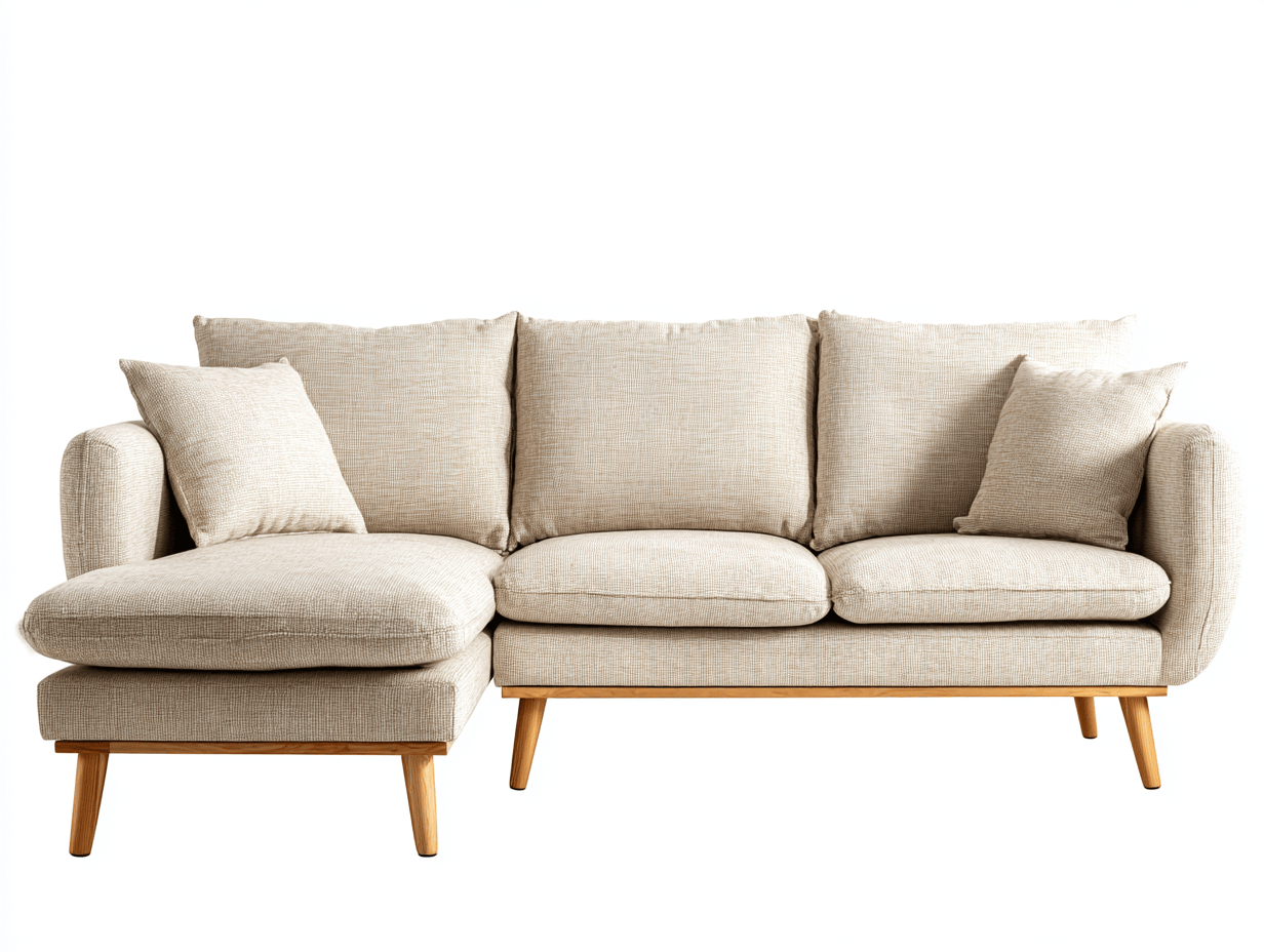 Divano angolare tessuto 270×165 cm – beige – con chaise longue e cuscini