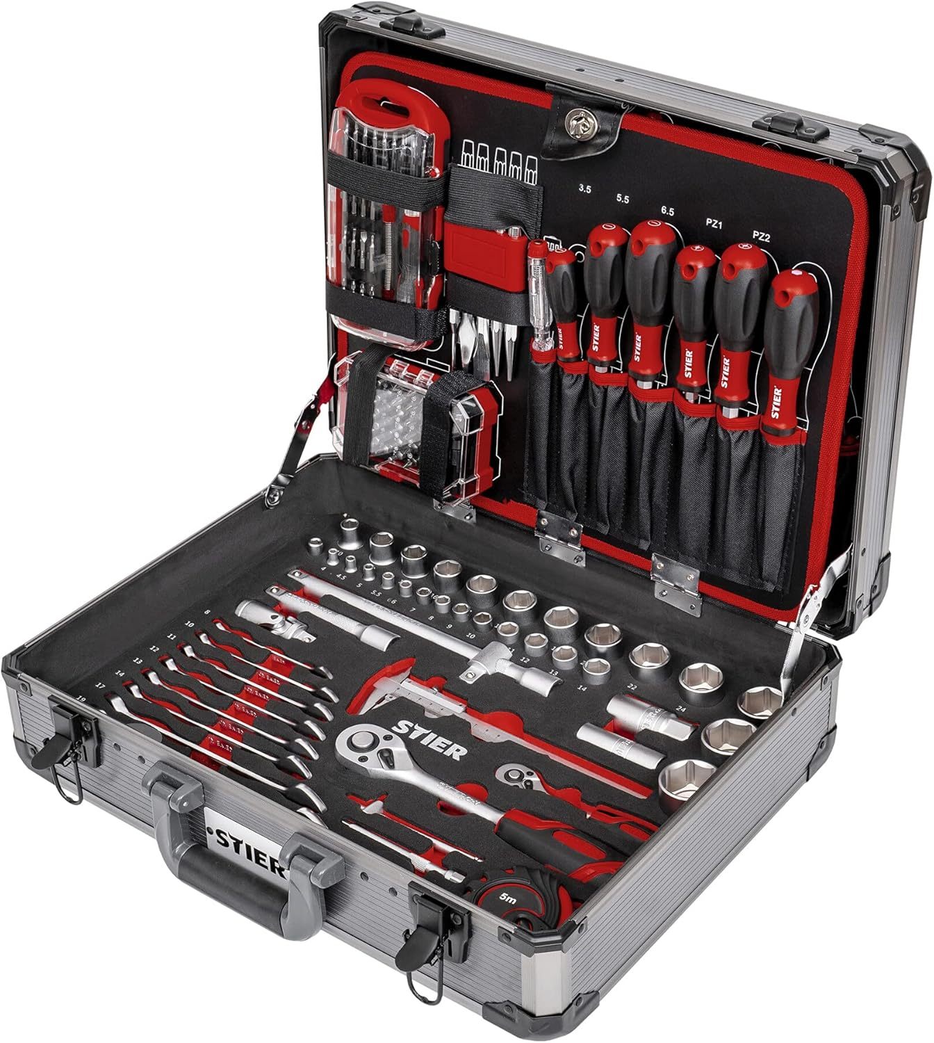 STIER Valigetta portautensili completa, cassetta degli attrezzi in alluminio da 144 pezzi, strumenti universali per le riparazioni quotidiane, inclusi cacciaviti, forbici, pinze e seghe-Comfyia