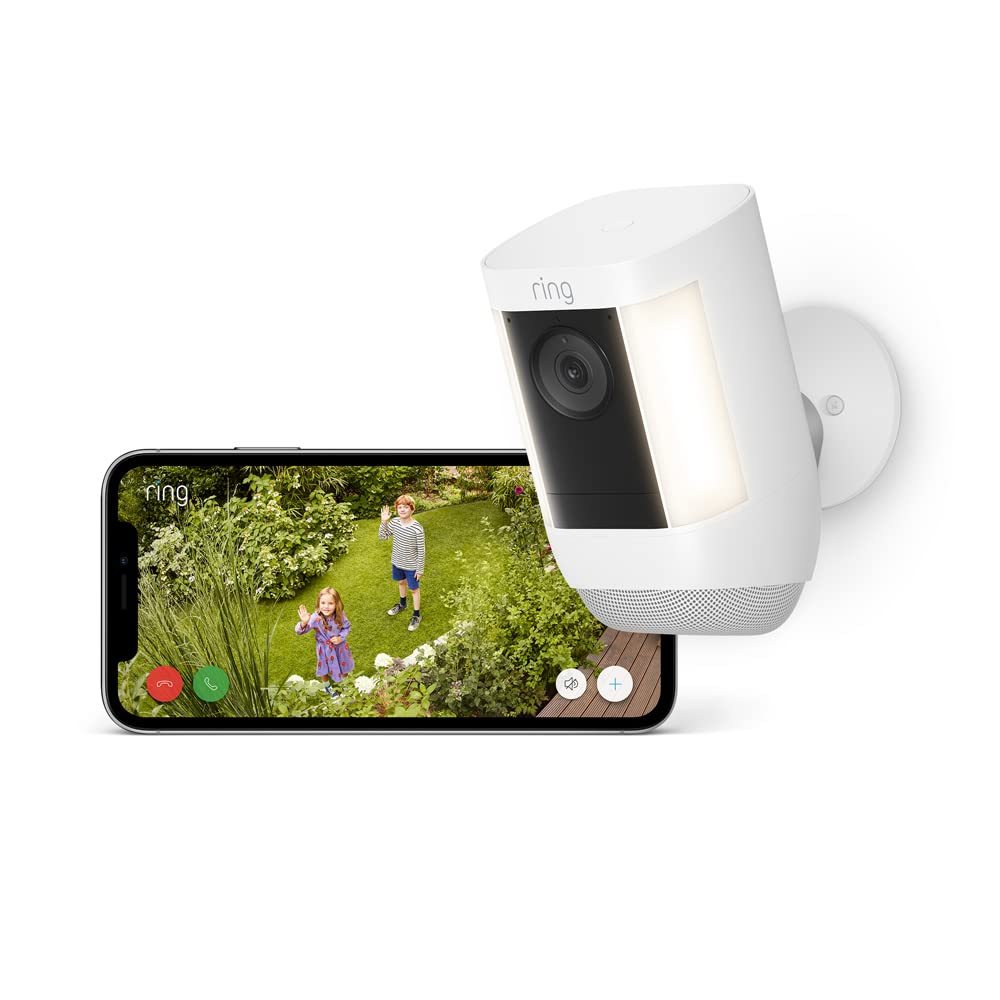 Ring Videocamera Pro con faretti a batteria Spotlight Cam Pro Battery - Video 2K, Ring Vision, rilevazione di movimento 3D, installazione fai-da-te - Prova gratuita di 30 giorni del piano Ring Home-Comfyia