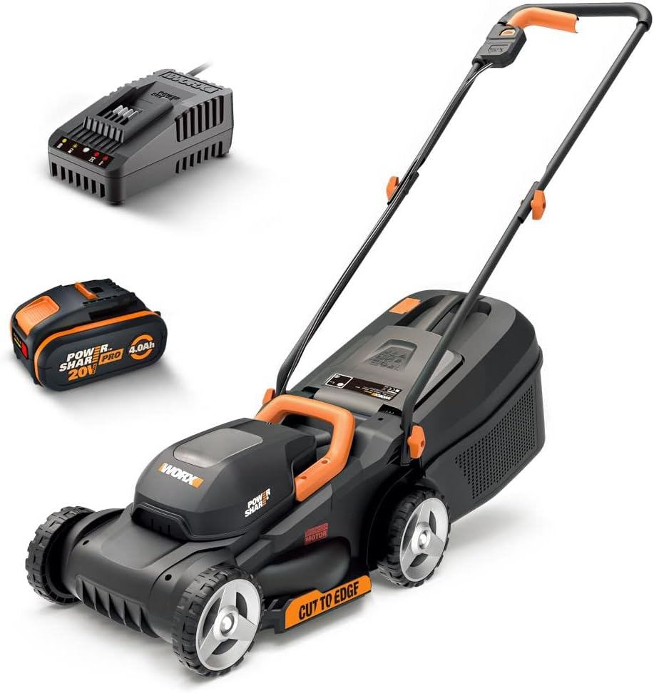 WORX WG730E - Tosaerba a batteria, 20 V, motore senza spazzole, larghezza di taglio 30 cm, fino al bordo, 3 altezze regolabili con batteria e caricatore nero-Comfyia