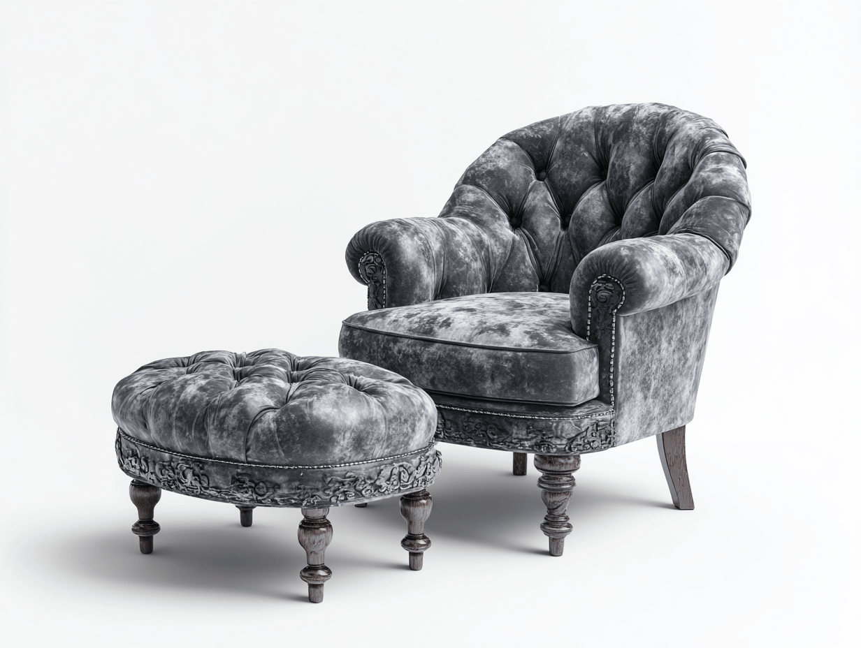 Poltrona in velluto con pouf – 99×94×107 cm – grigio – stile classico capitonné con dettagli intagliati-Comfyia