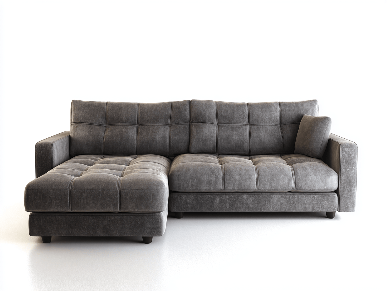 Divano angolare in tessuto 278×180×90 cm – grigio scuro – con chaise longue e cuscini