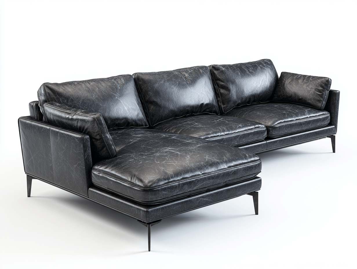 Divano angolare pelle vintage 280×175 cm – nero – con chaise longue e gambe sottili