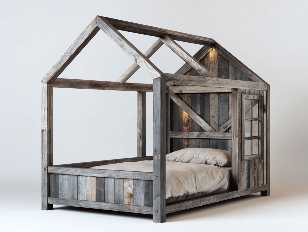 Letto a casetta in legno 200×120 cm – effetto legno rustico – con finestra decorativa e illuminazione-Comfyia