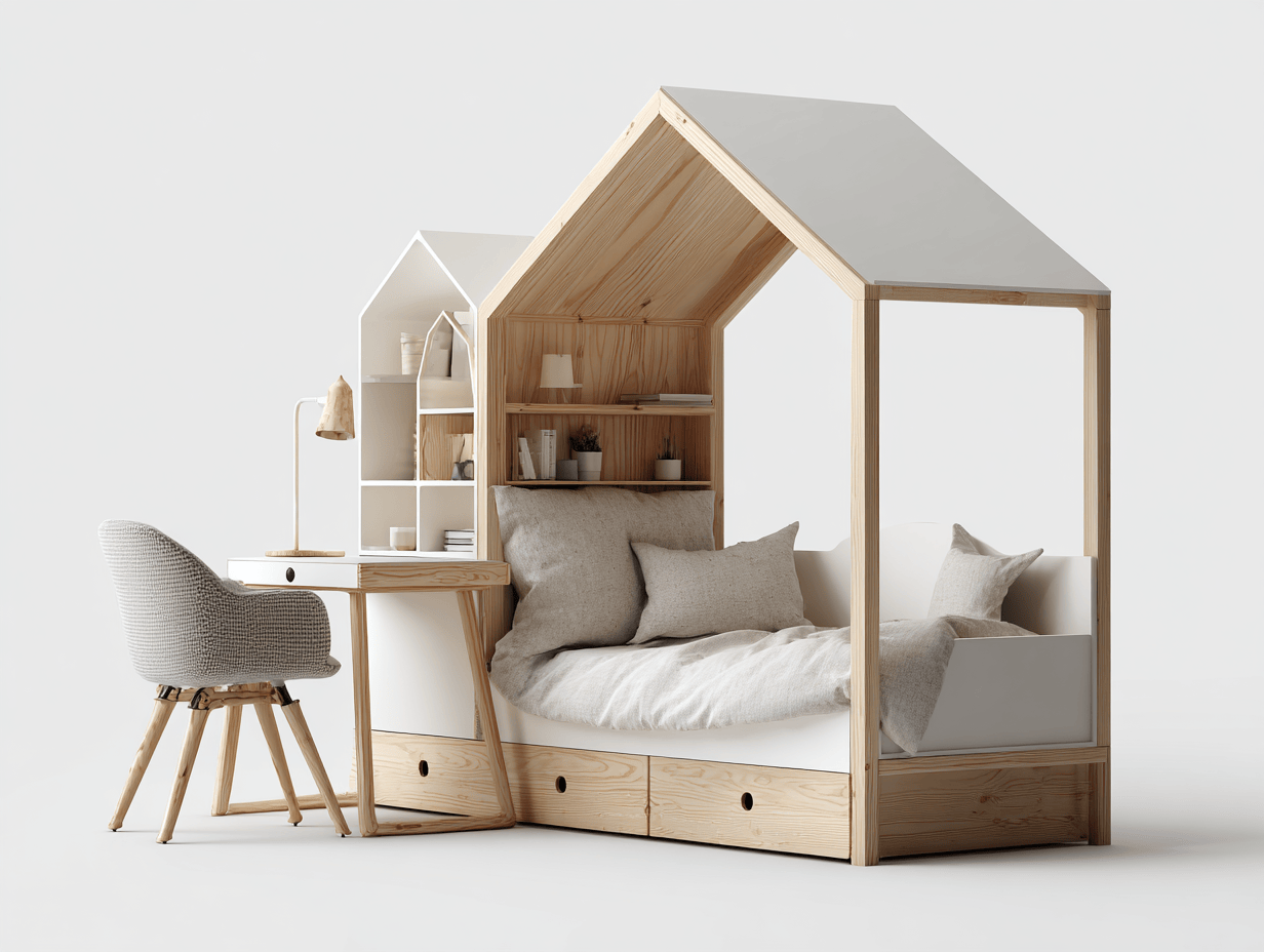 Letto a casetta in legno 140×100 cm – color legno chiaro/bianco – con scrivania libreria cassetti e cuscini-Comfyia