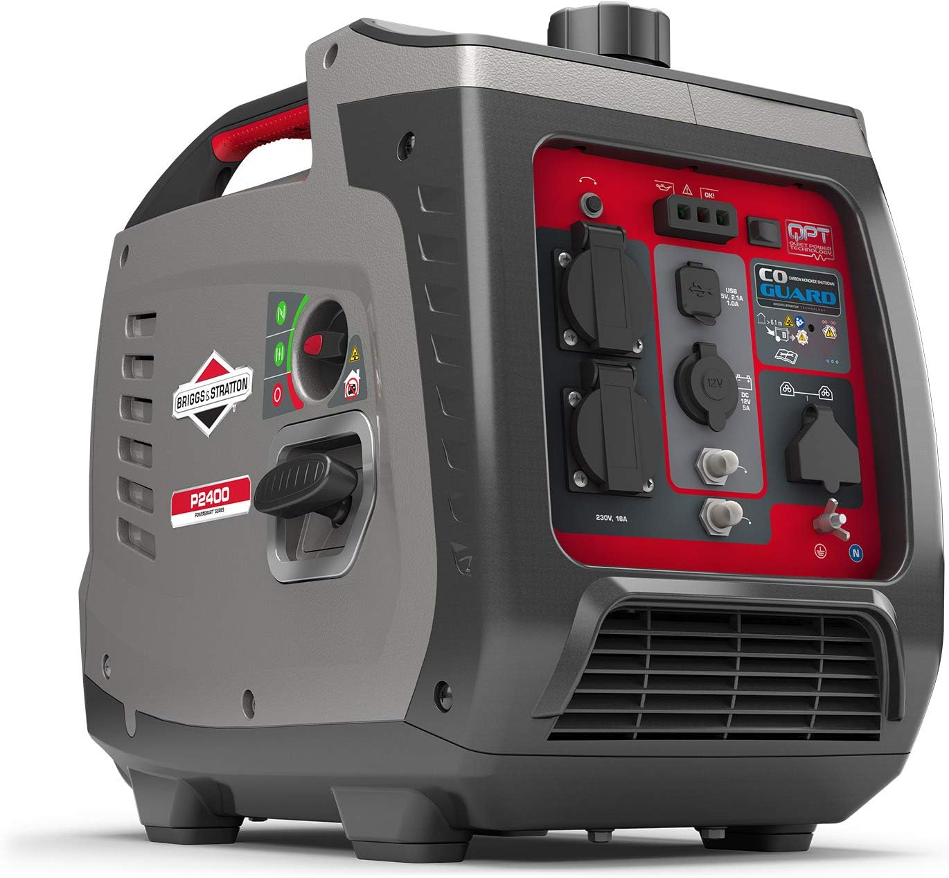 Briggs e Stratton P2400 - Generatore Di Corrente Silenziato, Con Tecnologia A Inverter Portatile A Benzina, 2400W, Grigio Rosso-Comfyia