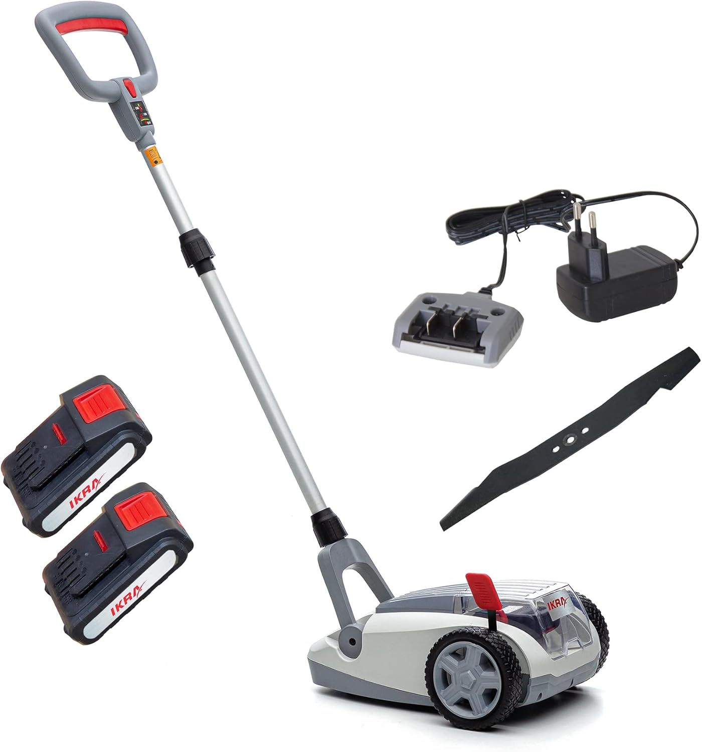 IKRA tosaerba a una mano a batteria ICHM 20 con funzione di pacciamatura, per piccole superfici erbose fino 50m2, incl. 2 batterie, caricatore e lame di ricambio-Comfyia