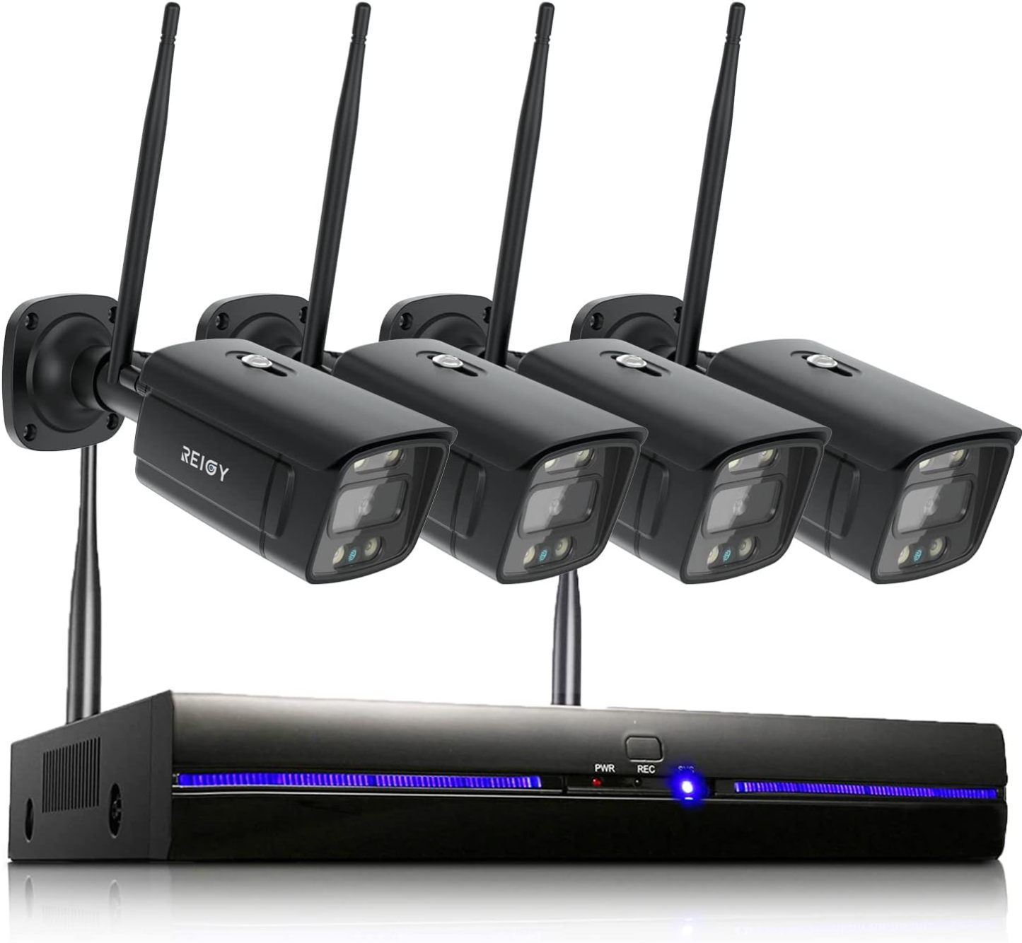 REIGY 3MP Kit Videosorveglianza Wifi Esterno con Spotlight, Telecamera 4x 1296P VideoCamera, Sistema di Sicurezza Interno con Visione Notturna a Colori, Audio Bidirezionale Senza HDD Nero-Comfyia