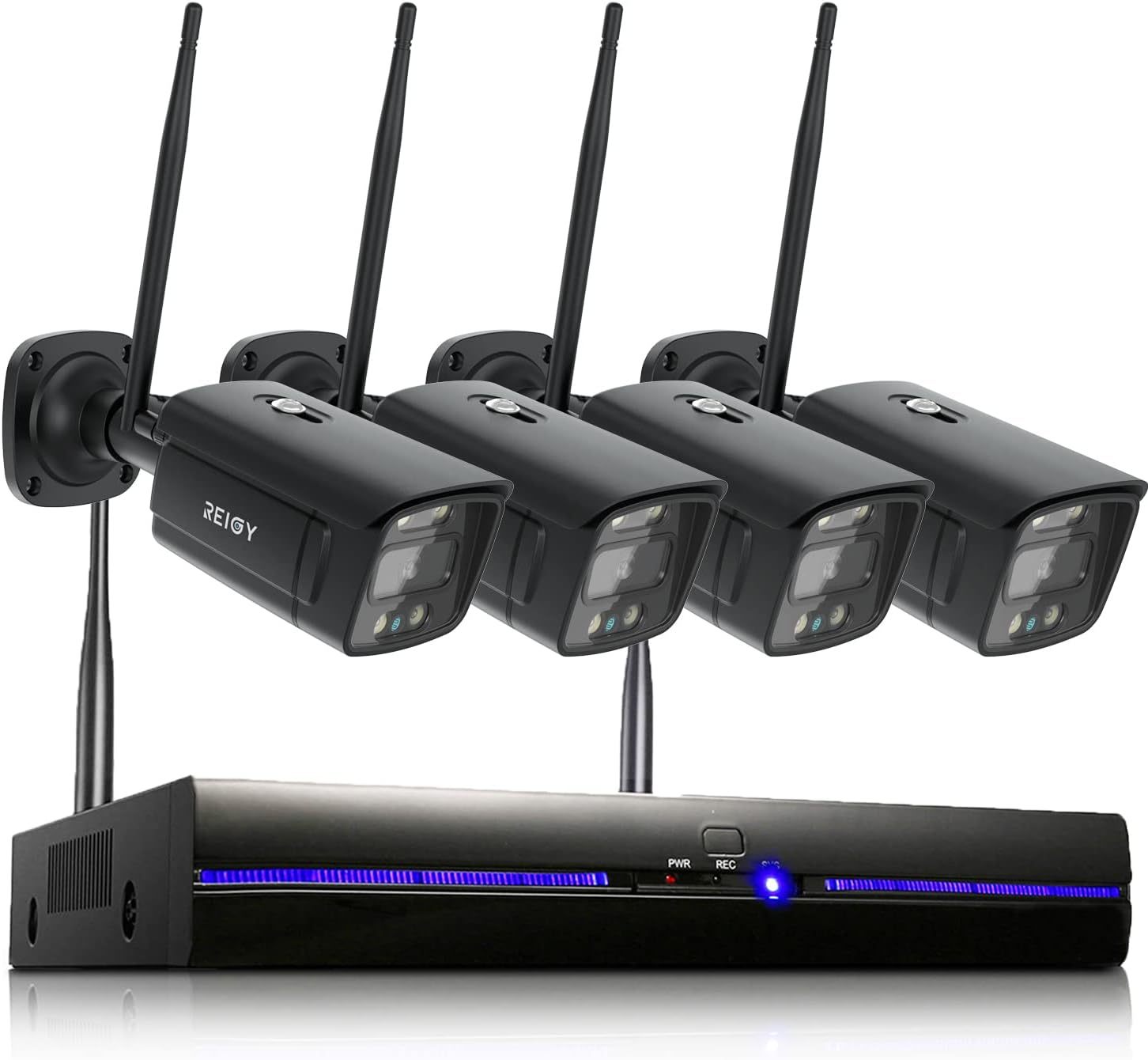 REIGY 3MP Kit Videosorveglianza Wifi Esterno con Spotlight, Telecamera 4x 1296P VideoCamera, Sistema di Sicurezza Interno con Visione Notturna a Colori, Audio Bidirezionale Senza HDD Nero-Comfyia