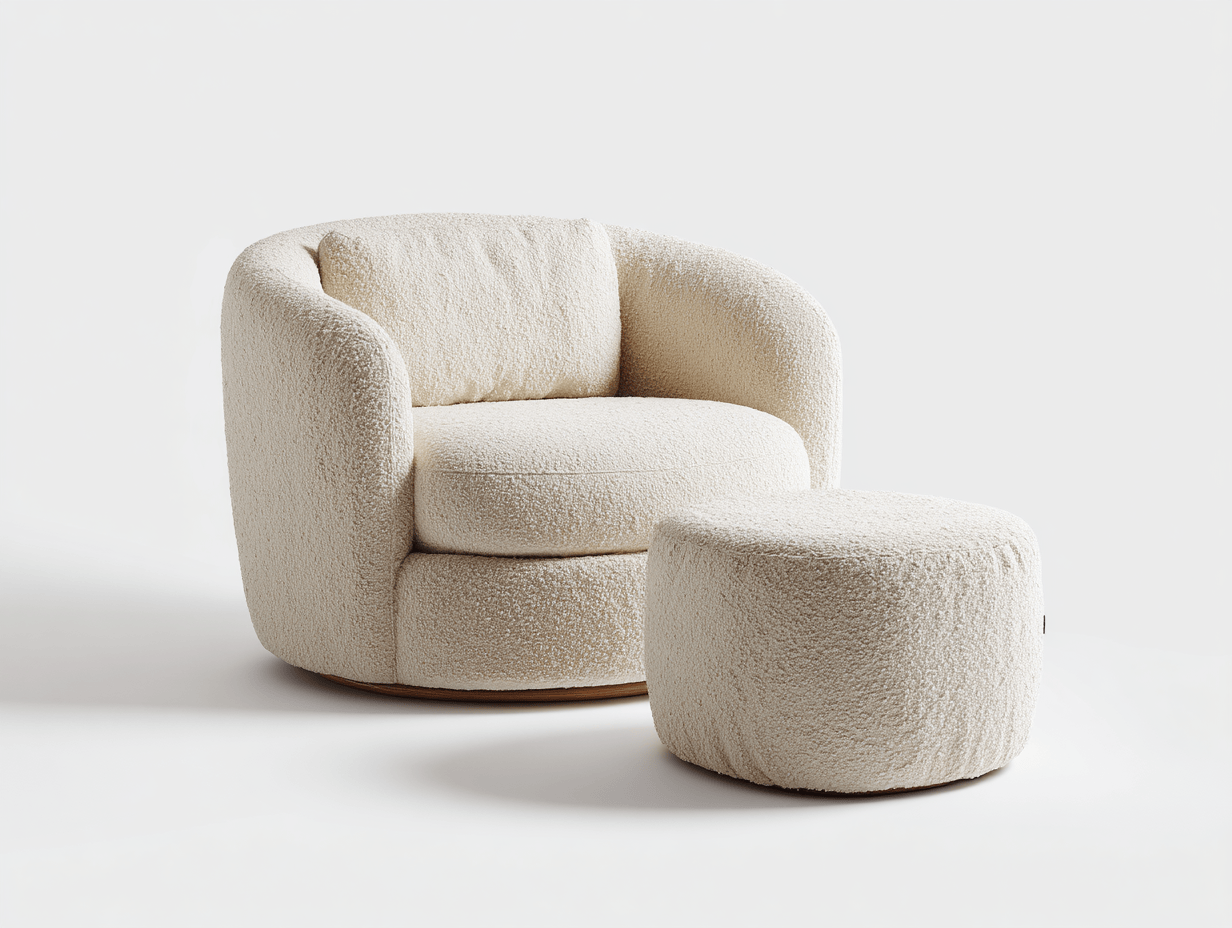 Poltrona rivestita in tessuto bouclé con poggiapiedi – beige chiaro – design moderno e confortevole