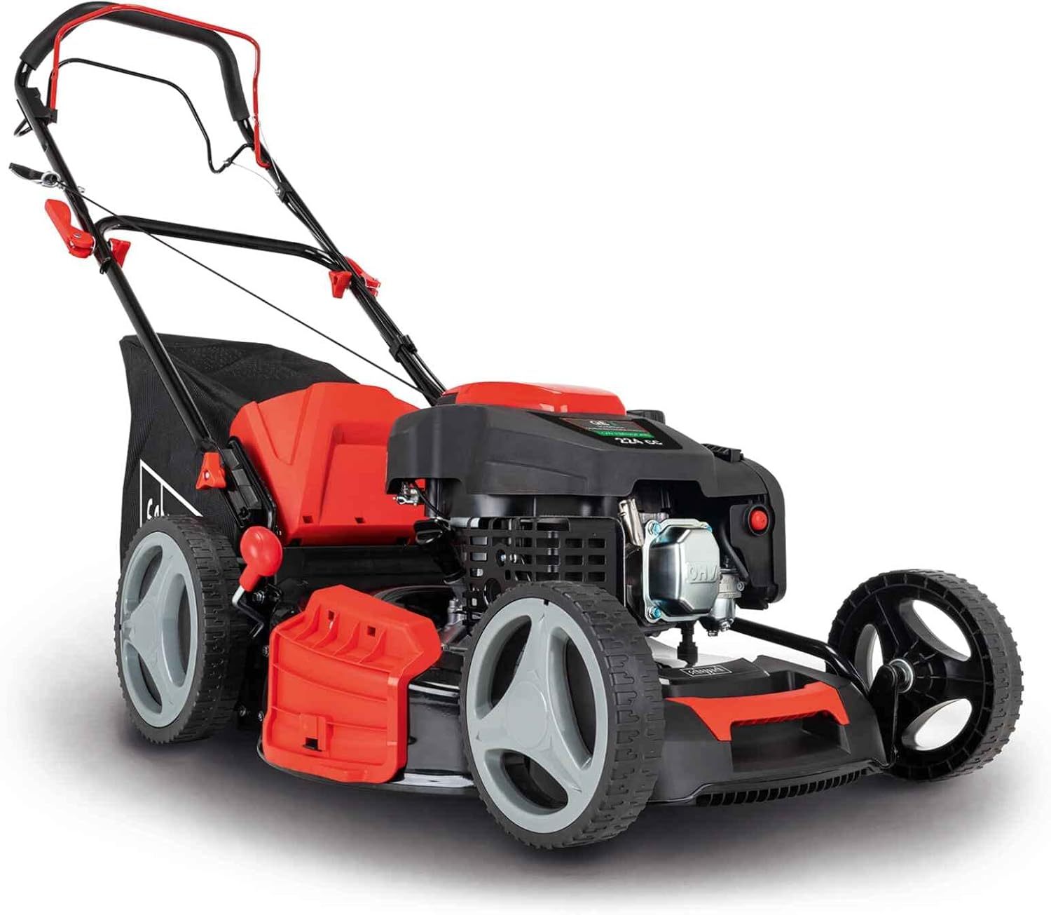 Scheppach MS225-53 - Tosaerba a benzina con azionamento, 6 CV, larghezza di taglio 53 cm, funzione di pulizia, cestino di raccolta da 65 litri, alloggiamento in acciaio, regolazione in altezza a 7-Comfyia