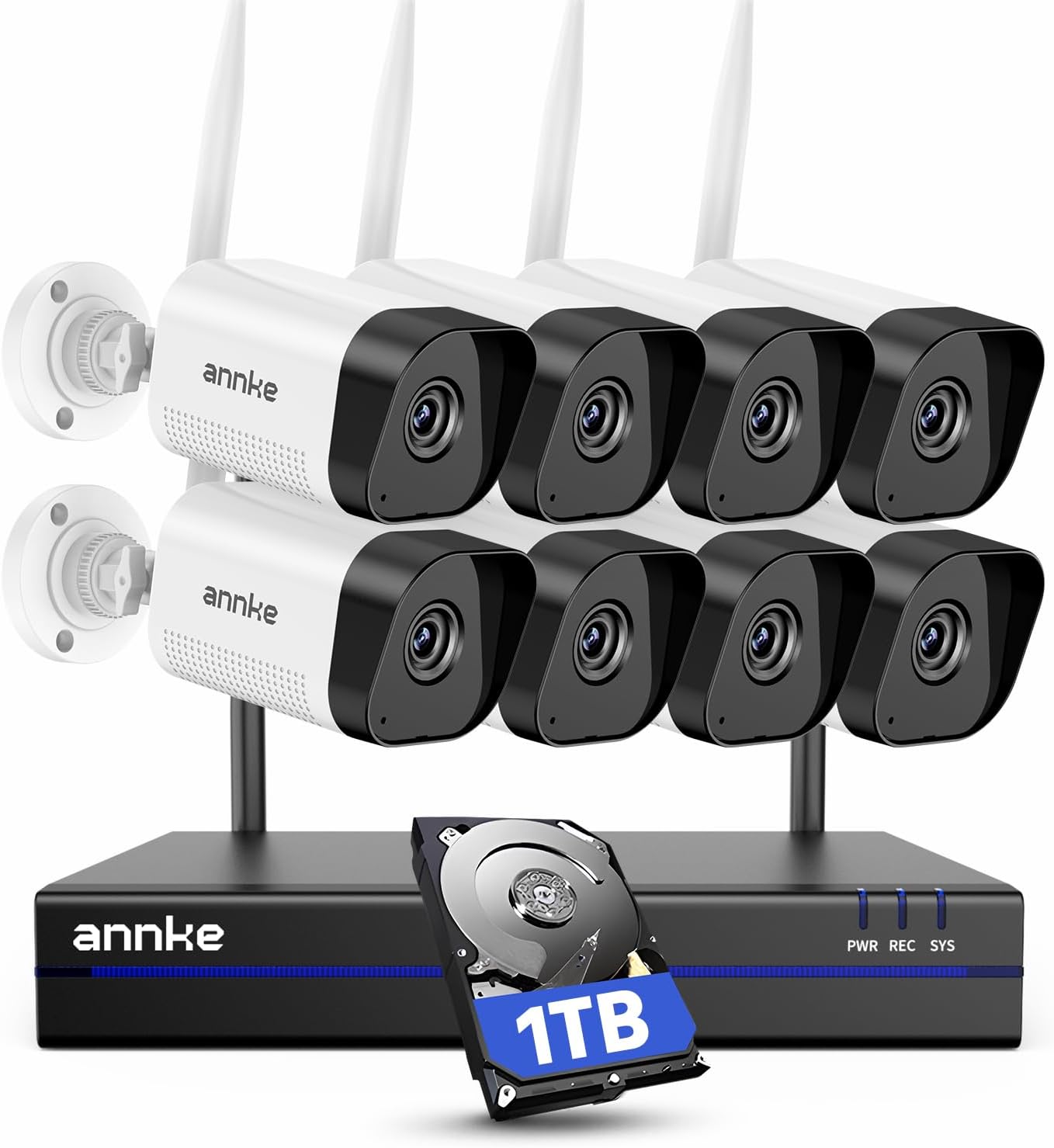 ANNKE Kit Videosorveglianza WiFi, 4K 8MP NVR 16CH 1TB e 8x 3MP Telecamere Esterne Wireless, Rlevamento Movimento Alarm, Audio Bidirezionale, Visione Notturna IR 100ft, Registrazione 24 7, IP66-Comfyia