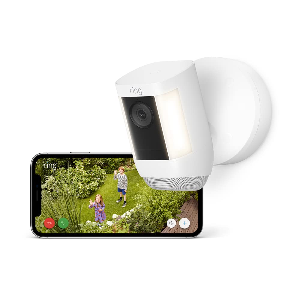 Ring Videocamera Pro con faretti cablata Spotlight Cam Pro Wired - Video 2K, Ring Vision, rilevazione di movimento 3D, alternativa a sistema CCTV - Prova gratuita di 30 giorni di Ring Home-Comfyia