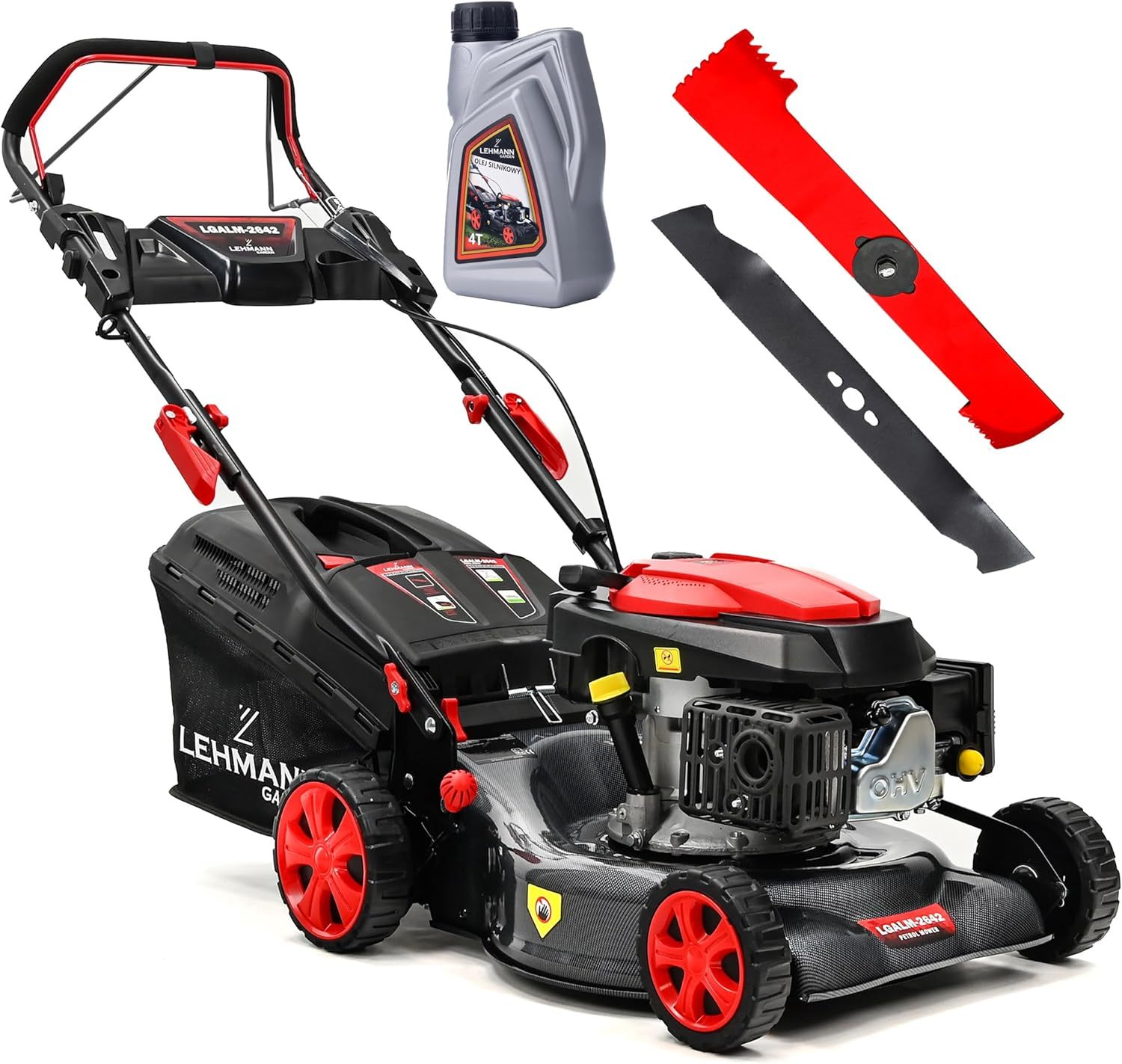 Lehmann LGALM-2642 Tosaerba a benzina con trazione posteriore, 146 cm3 2,6 kW, larghezza di taglio 42 cm, robusto alloggiamento in acciaio, regolazione in altezza di taglio a 5 livelli 25-70 mm-Comfyia