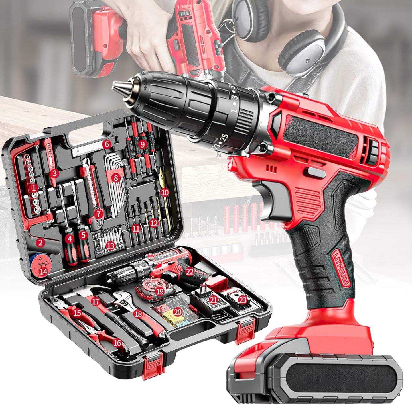 Cassetta per attrezzi con trapano avvitatore multifunzione senza fili 21 V, 117 pezzi, custodia completa con batteria 2 1500 mAh, set di attrezzi con trapano per riparazione, manutenzione e lavoro-Comfyia