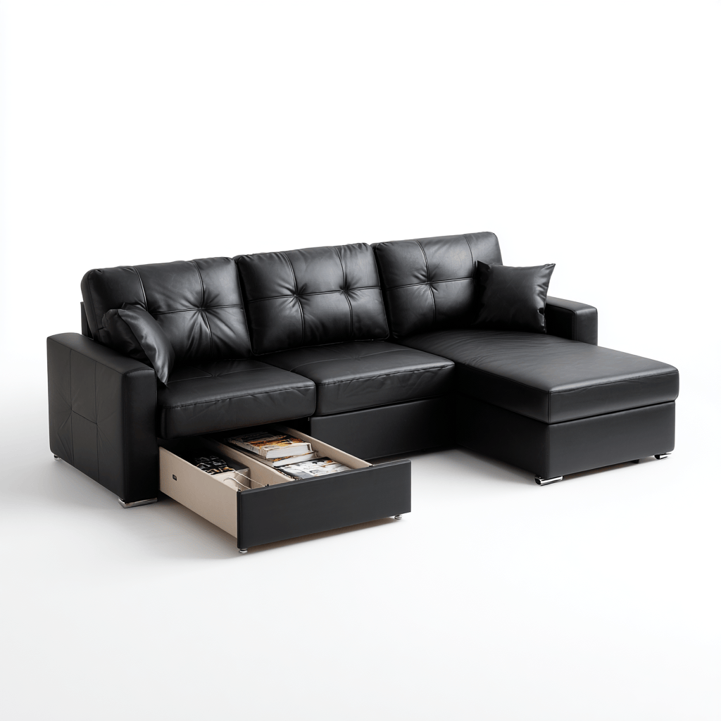 Divano angolare similpelle 260×165 cm – nero – con chaise longue e cassetto contenitore