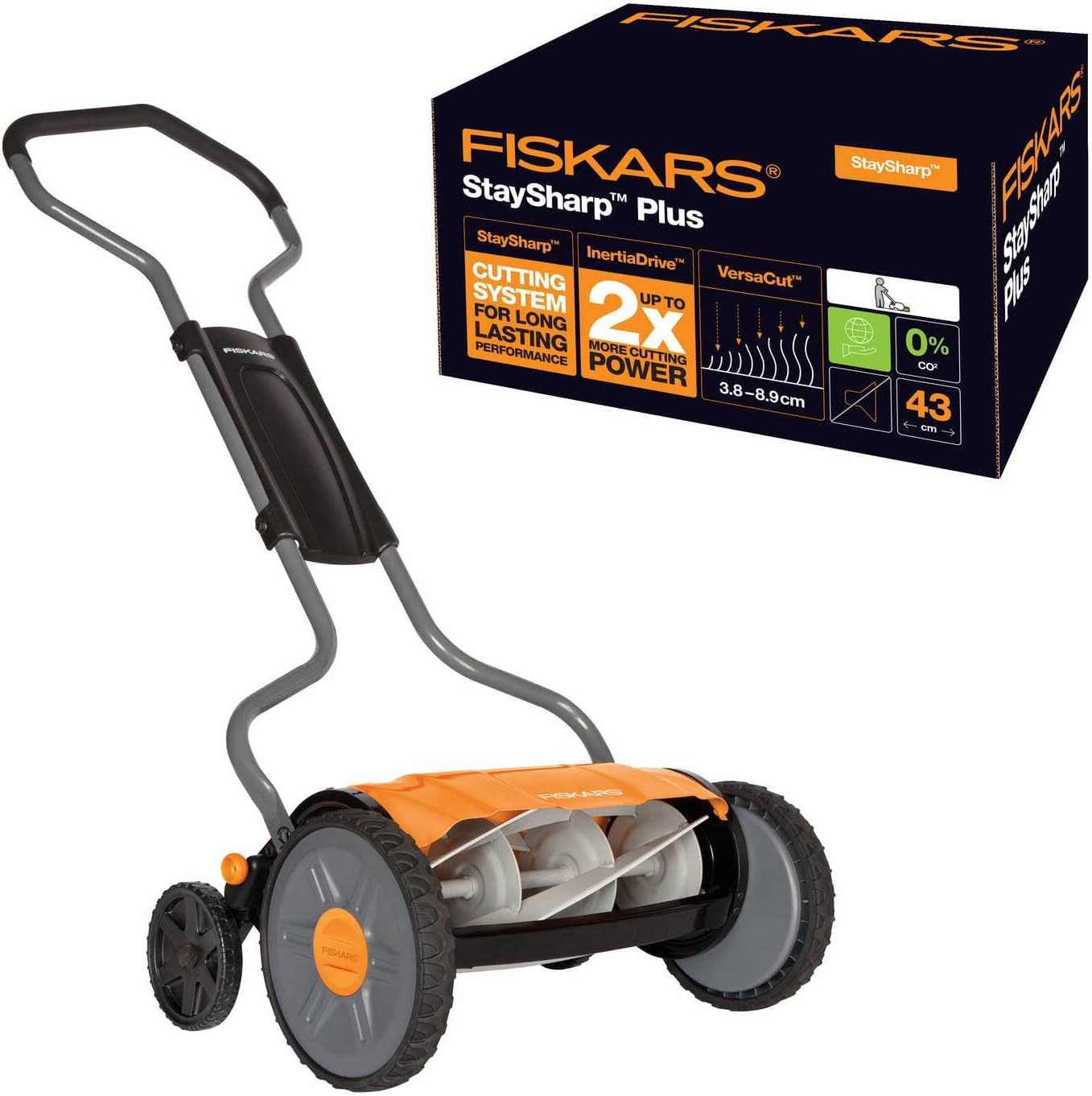 Fiskars Tosaerba Manuale, Tosaerba a Cilindro con Sistema di Taglio Senza Attrito diLlame, Larghezza di Taglio: 43 cm, StaySharp Plus, Nero Arancione Argento, 1015649-Comfyia
