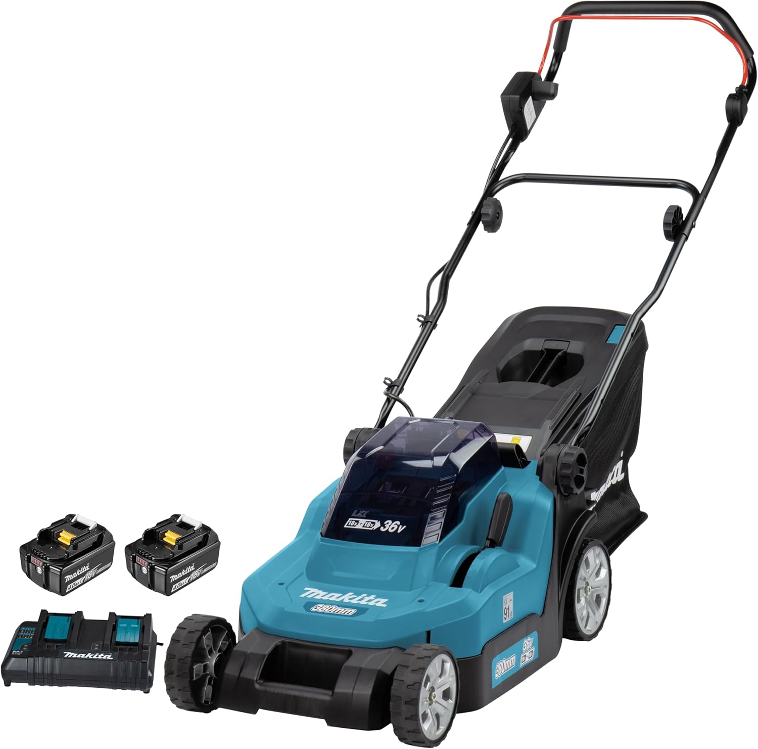 Makita DLM382PM2 Tosaerba A Batteria 38 Cm, 2 x Bl1840B, 4 Ah, Dc18Rd, 40 L-Comfyia