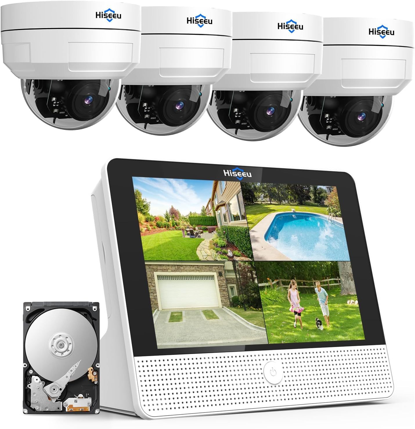 4KPOE PTZ Hiseeu 4K Kit Videosorveglianza Esterno a Cupola, 30M Visione Notturna a Infrarossi, Tracciamento Auto, Rilevamento di Uomo, 12 pollici Monitor 8CH NVR 3TB HDD con 4X8MP Telecamera POE, 24 7-Comfyia