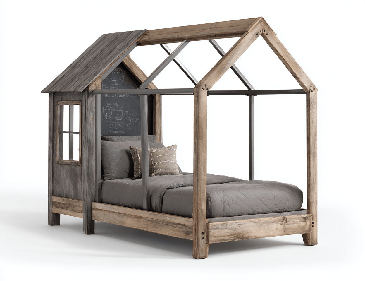 Letto a casetta in legno e metallo 140×200 cm – grigio e naturale – stile rustico con lavagna e cuscini-Comfyia