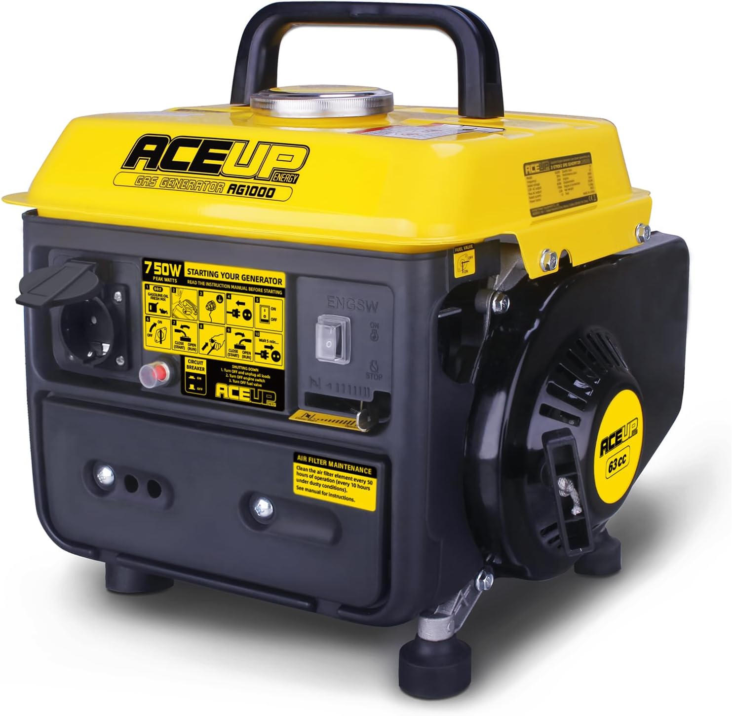 Aceup Energy Generatore di Corrente Portatile Ultraleggero, Piccolo Generatore di Emergenza da 750 W con Prese da 230 V, Motore a Benzina 2 Tempi, Funziona per 6 ore, EURO-V, CE-Comfyia