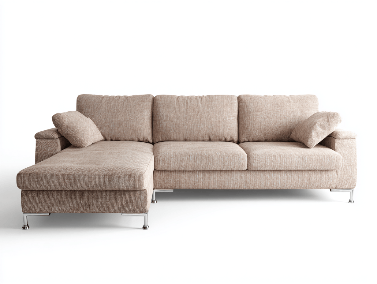 Divano angolare in tessuto 265×172×90 cm – beige – con chaise longue e cuscini