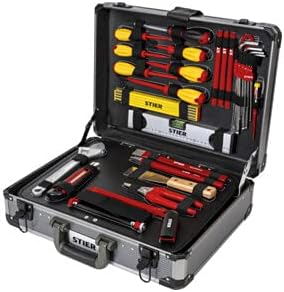 STIER Assortimento di utensili per elettricisti, valigetta per utensili, 128 pezzi, in una robusta valigetta di alluminio tutto per il professionista, ampio e ben protetto, livella, martello, metro a-Comfyia