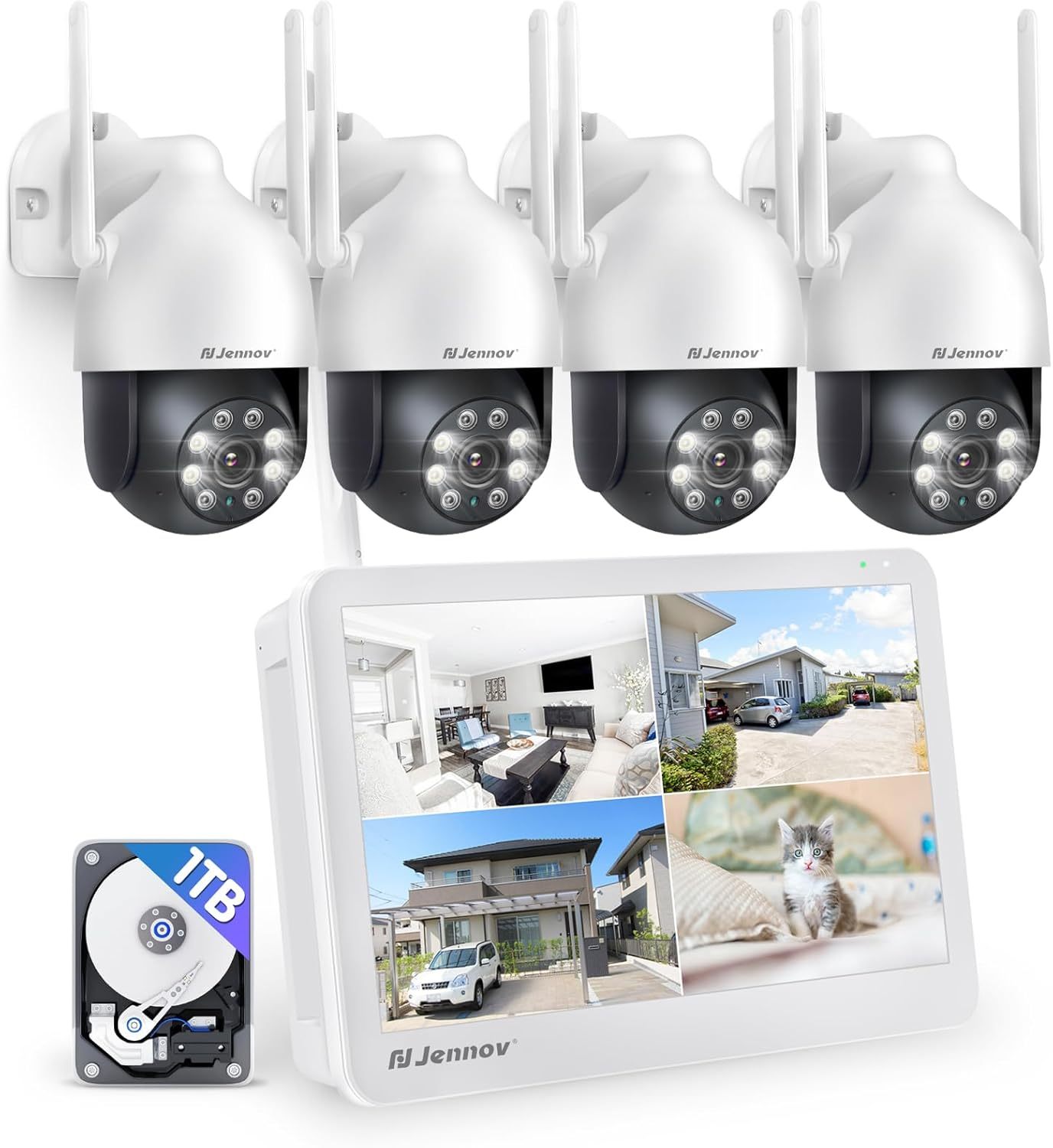 Jennov 5MP PTZ Kit Videosorveglianza WiFi Esterno con 10 pollici Monitor, 10CH 5MP NVR 1TB HDD, 4X5MP Telecamera WiFi, Visione Notturna a Colori, Rilevamento Persona, Registrazione 24 7, Audio Bidirezionale-Comfyia