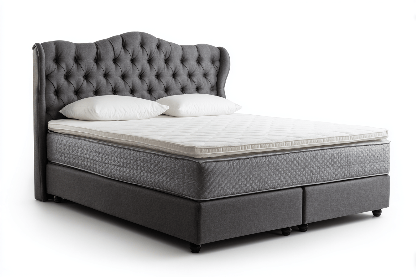 Letto boxspring imbottito 160×200 cm – tessuto grigio scuro – con materasso e cuscini inclusi